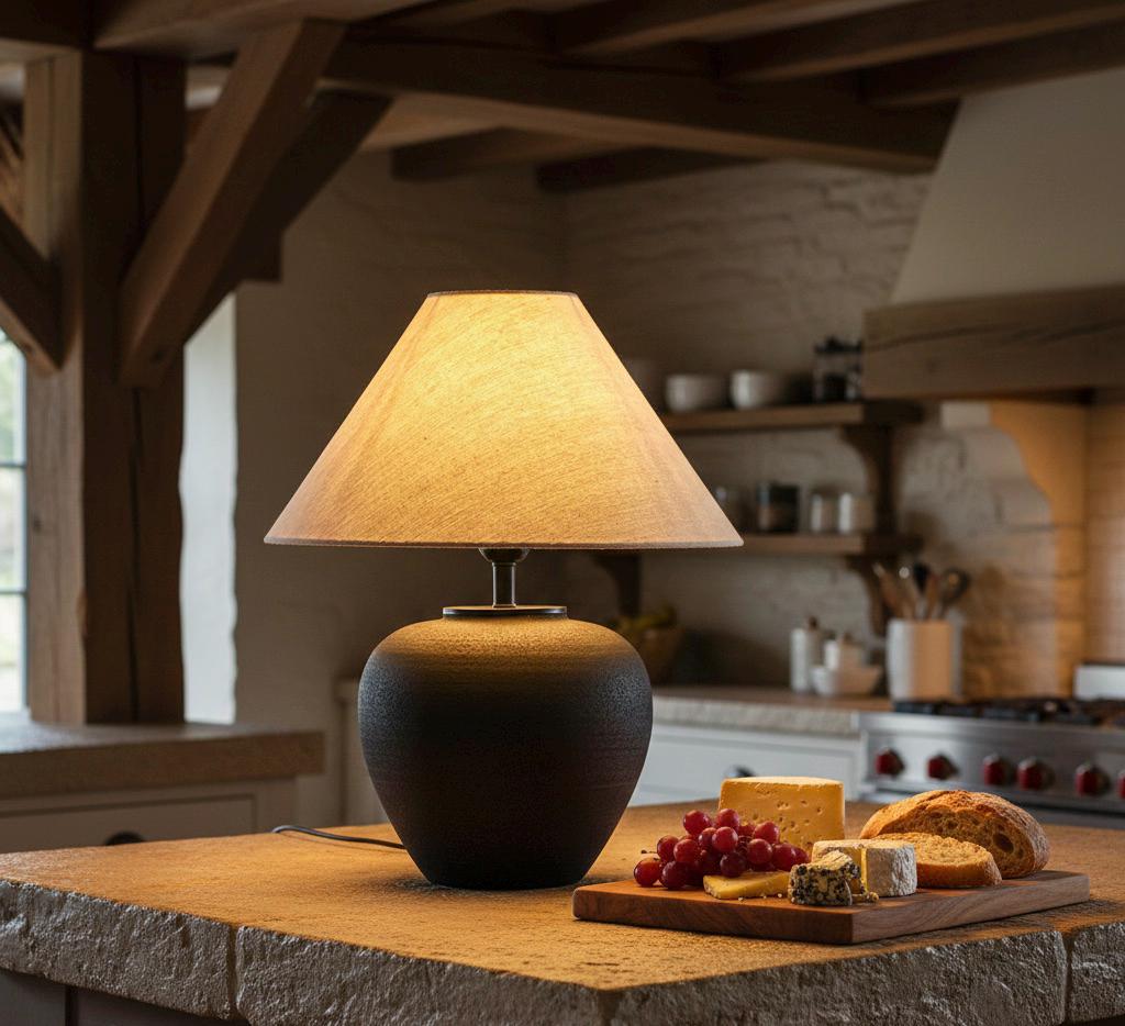 Textured Black Ceramic Quilted Table Lamp, Conical Cream Lampshade, Modern Bohemian Handmade for Bedroom Living Room