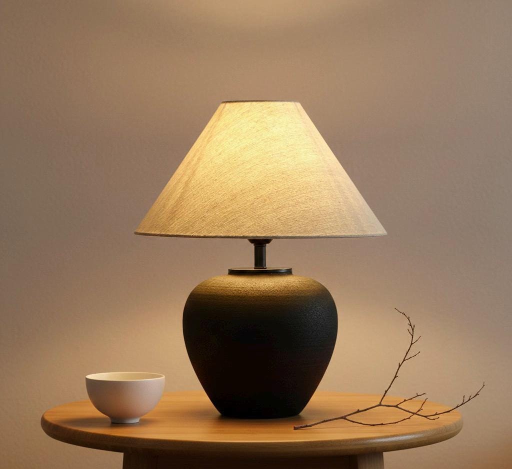 Textured Black Ceramic Quilted Table Lamp, Conical Cream Lampshade, Modern Bohemian Handmade for Bedroom Living Room