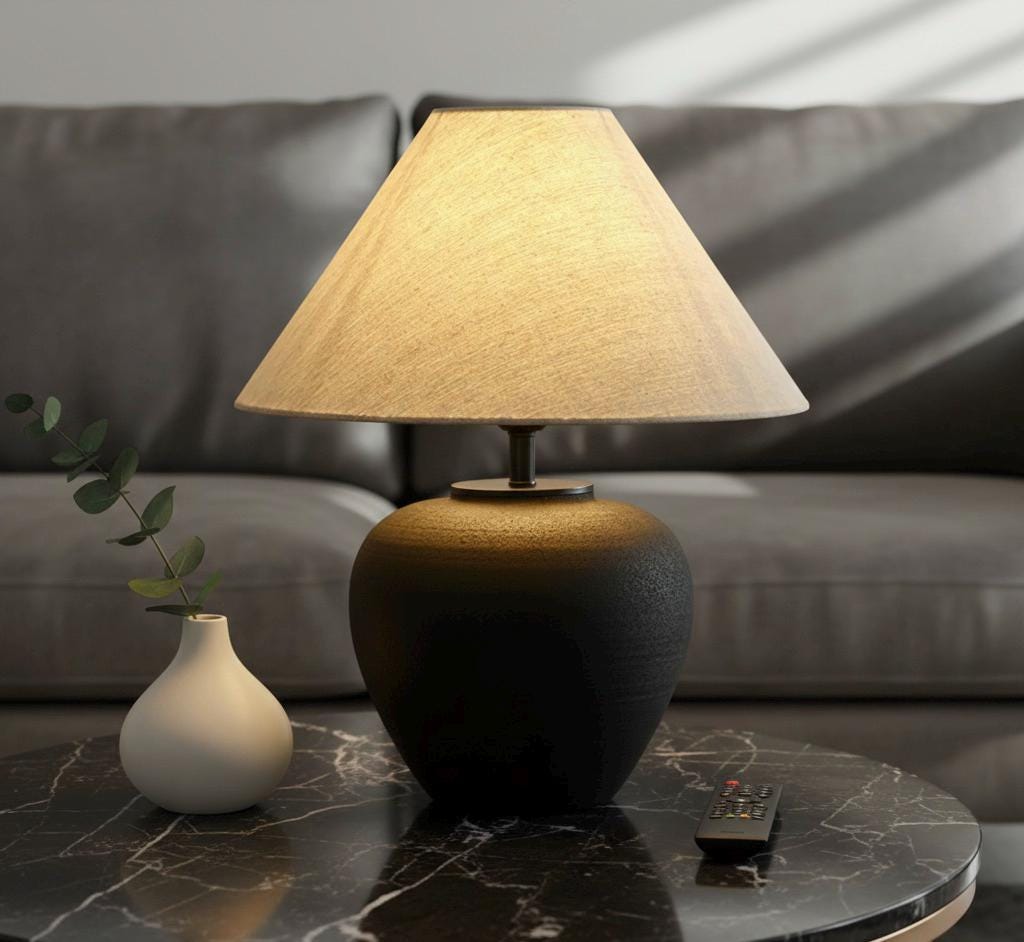 Textured Black Ceramic Quilted Table Lamp, Conical Cream Lampshade, Modern Bohemian Handmade for Bedroom Living Room