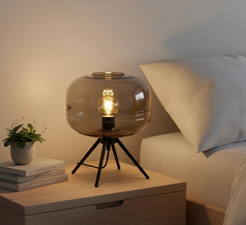 Smoked Glass Sphere Table Lamp with Black Tripod Base