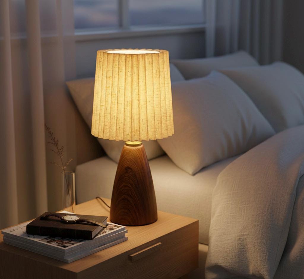 Wooden Tripod Table Lamp with Pleated Shade