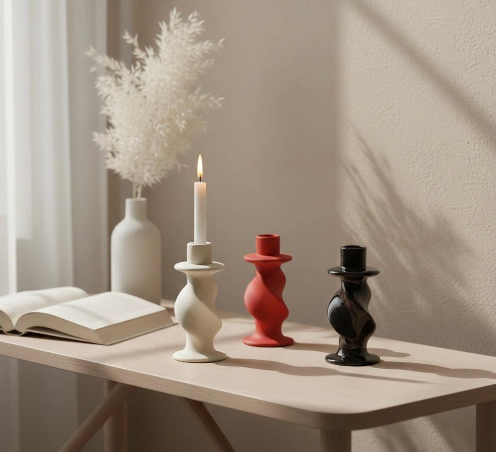 Twisted Ceramic Taper Candle Holder - Black White Red - Minimalist Japandi Decor