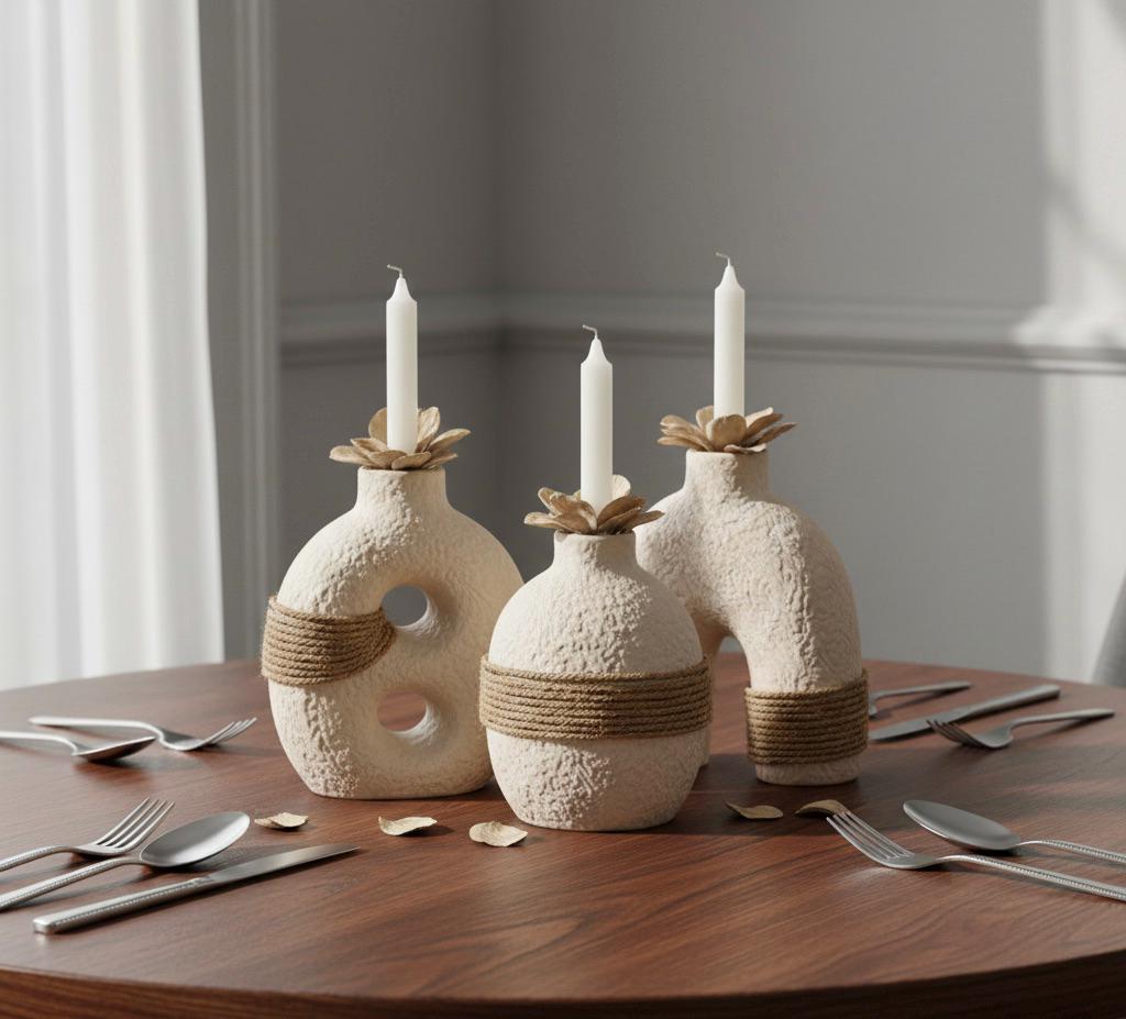 Textured Ceramic Rope Mini Vases - Set of 3 Boho Decor Holders