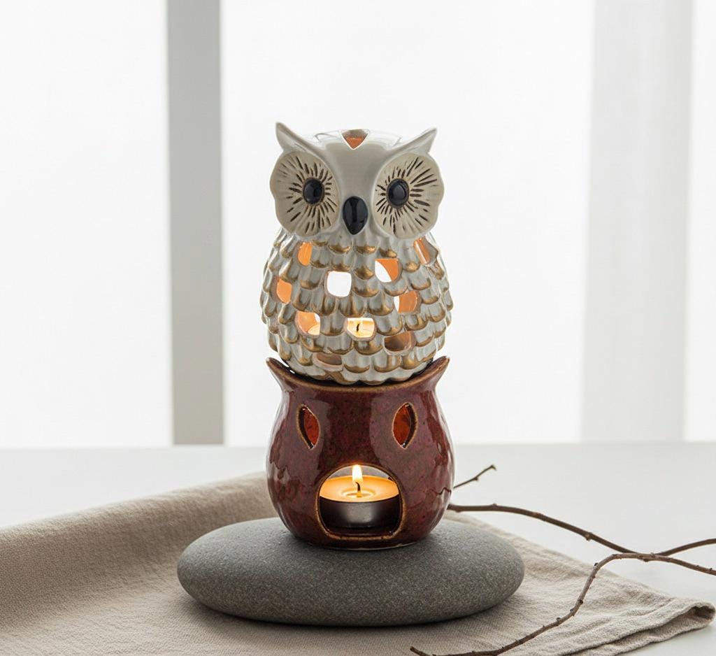 Artisan Ceramic Owl Tea Light Holders Duo