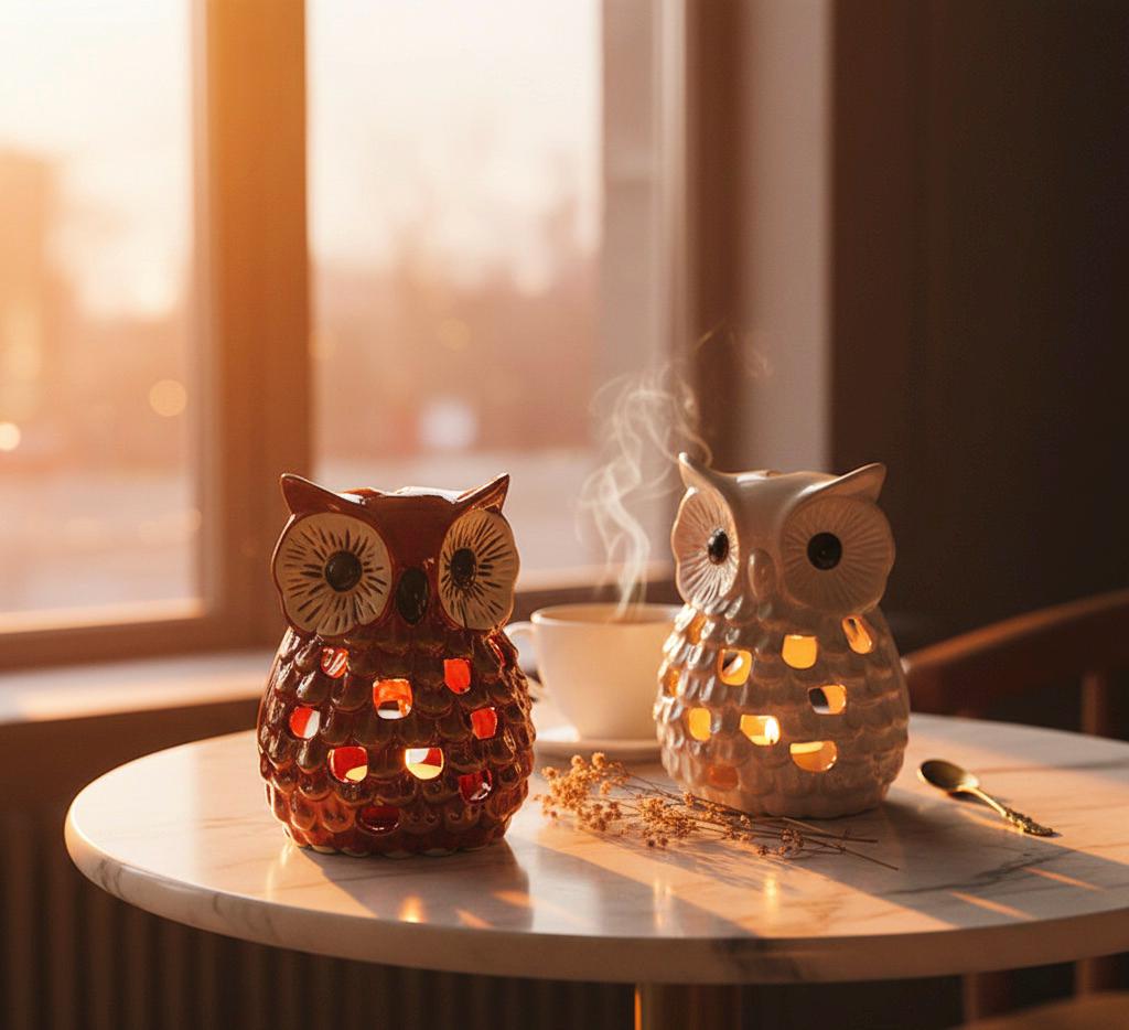 Artisan Ceramic Owl Tea Light Holders Duo