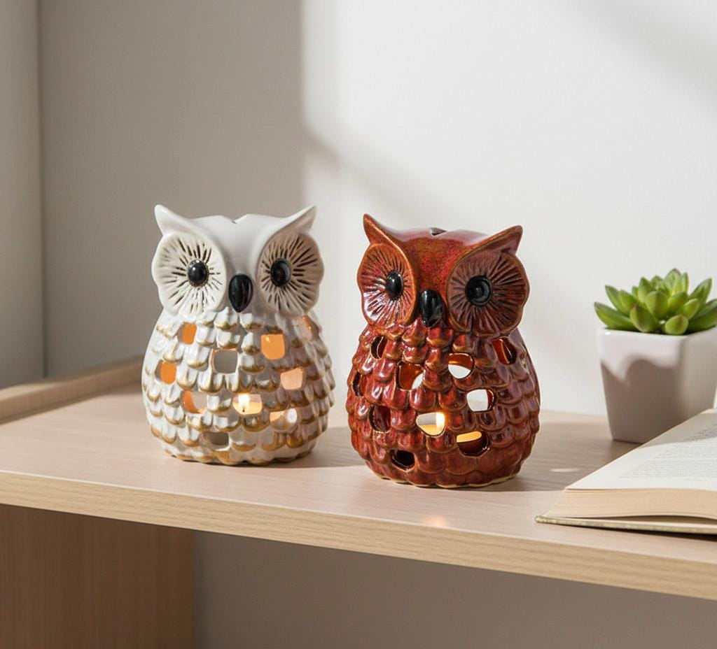 Artisan Ceramic Owl Tea Light Holders Duo