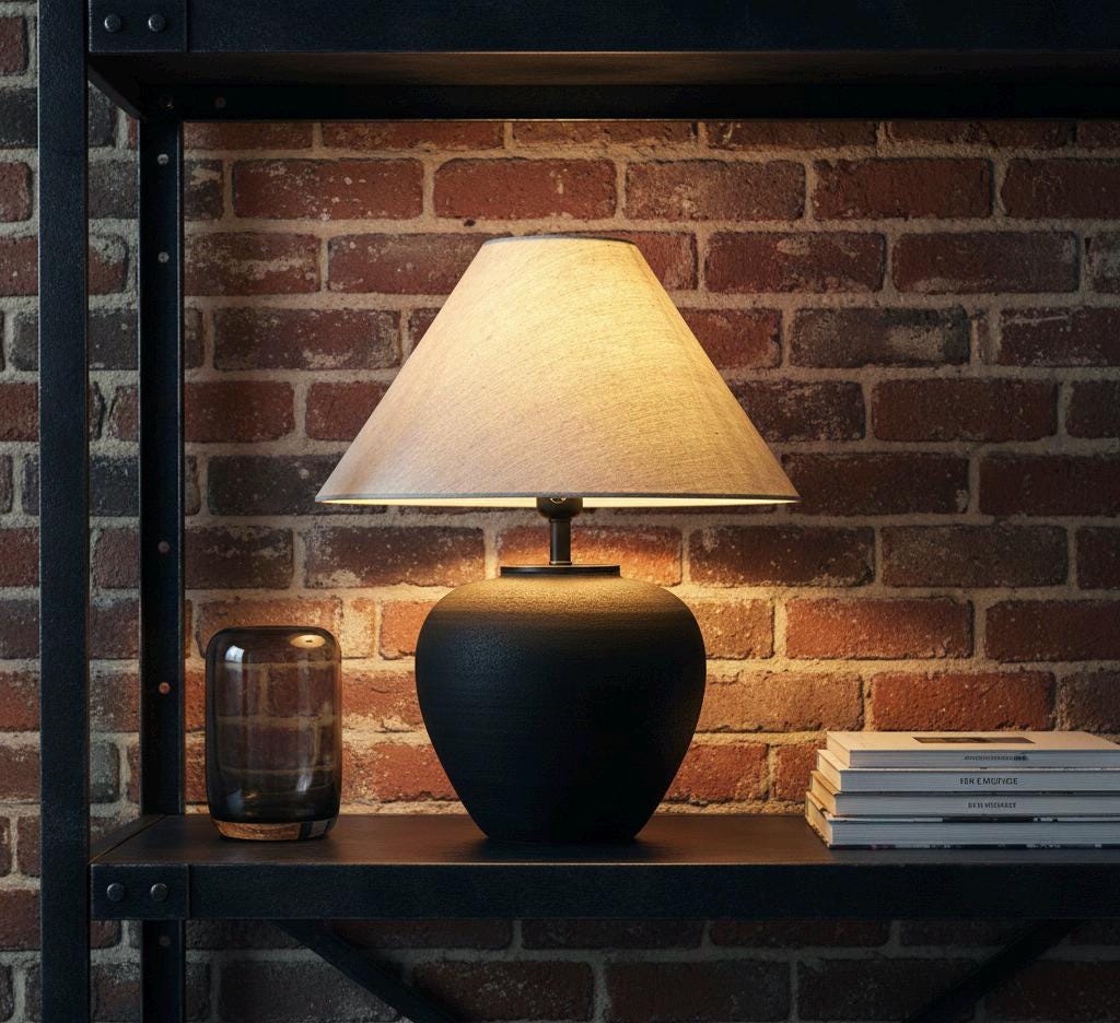 Textured Black Ceramic Quilted Table Lamp, Conical Cream Lampshade, Modern Bohemian Handmade for Bedroom Living Room