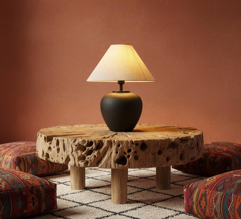 Textured Black Ceramic Quilted Table Lamp, Conical Cream Lampshade, Modern Bohemian Handmade for Bedroom Living Room