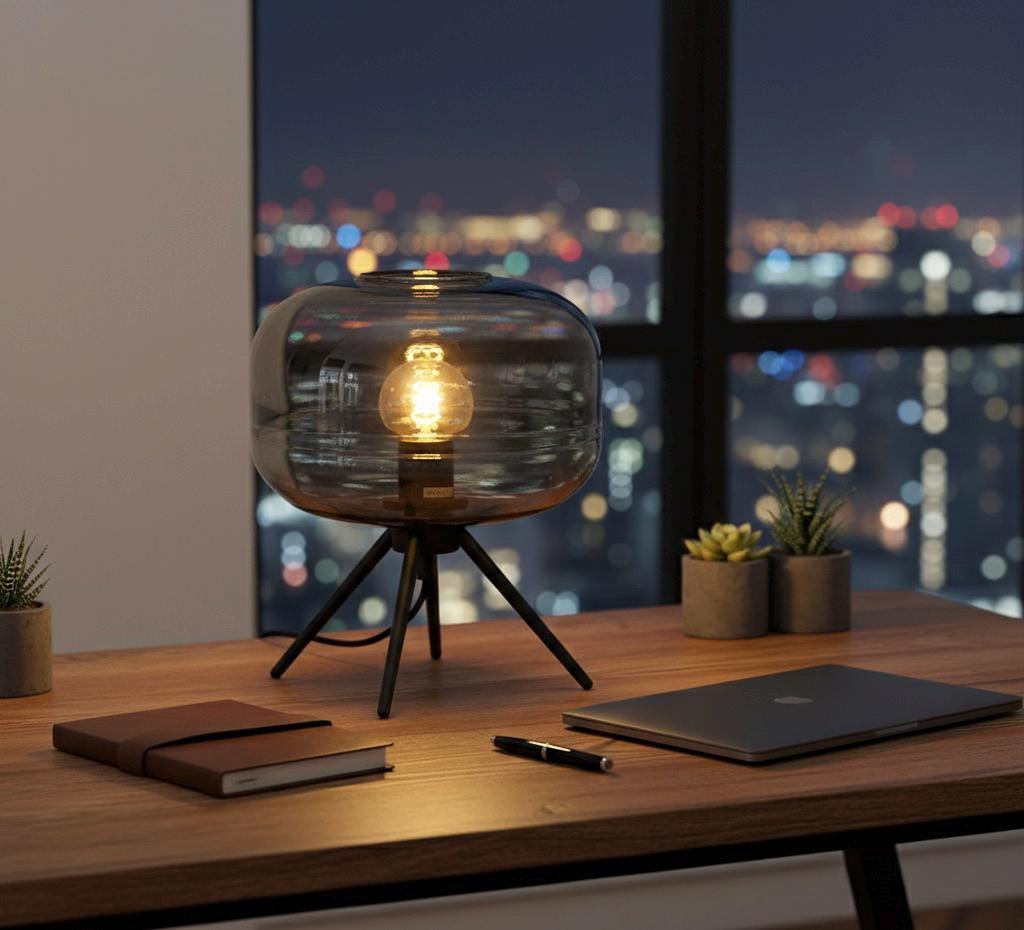 Smoked Glass Sphere Table Lamp with Black Tripod Base