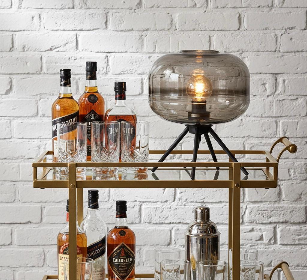 Smoked Glass Sphere Table Lamp with Black Tripod Base