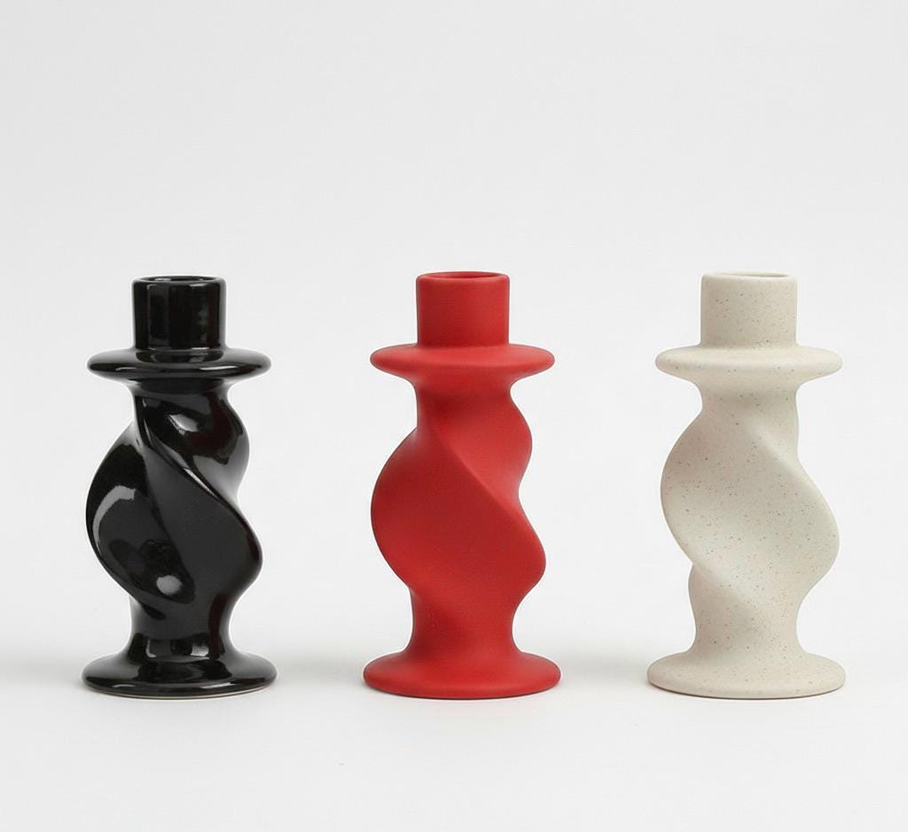Twisted Ceramic Taper Candle Holder - Black White Red - Minimalist Japandi Decor