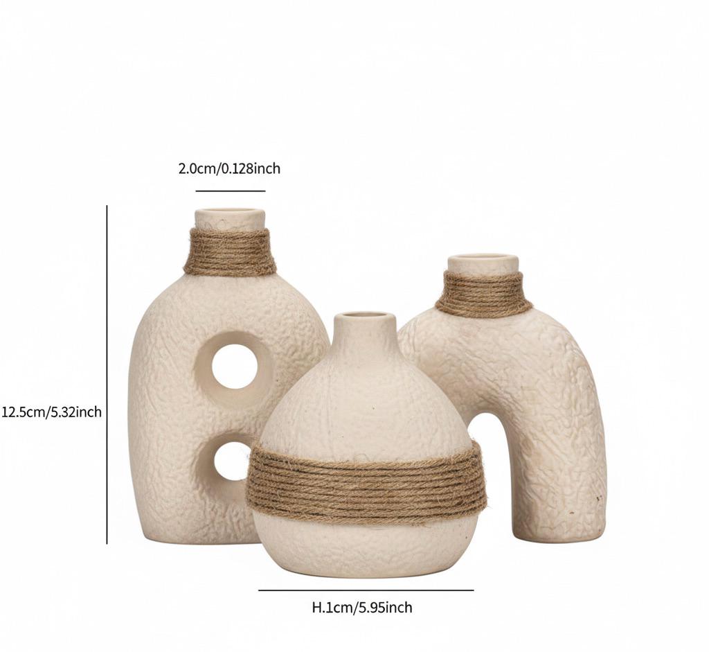 Textured Ceramic Rope Mini Vases - Set of 3 Boho Decor Holders