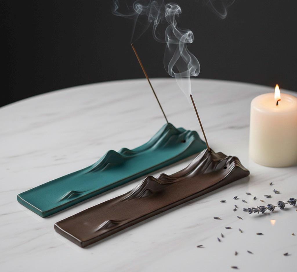 Mountain Ridge Ceramic Incense Holders - Turquoise & Brown Set
