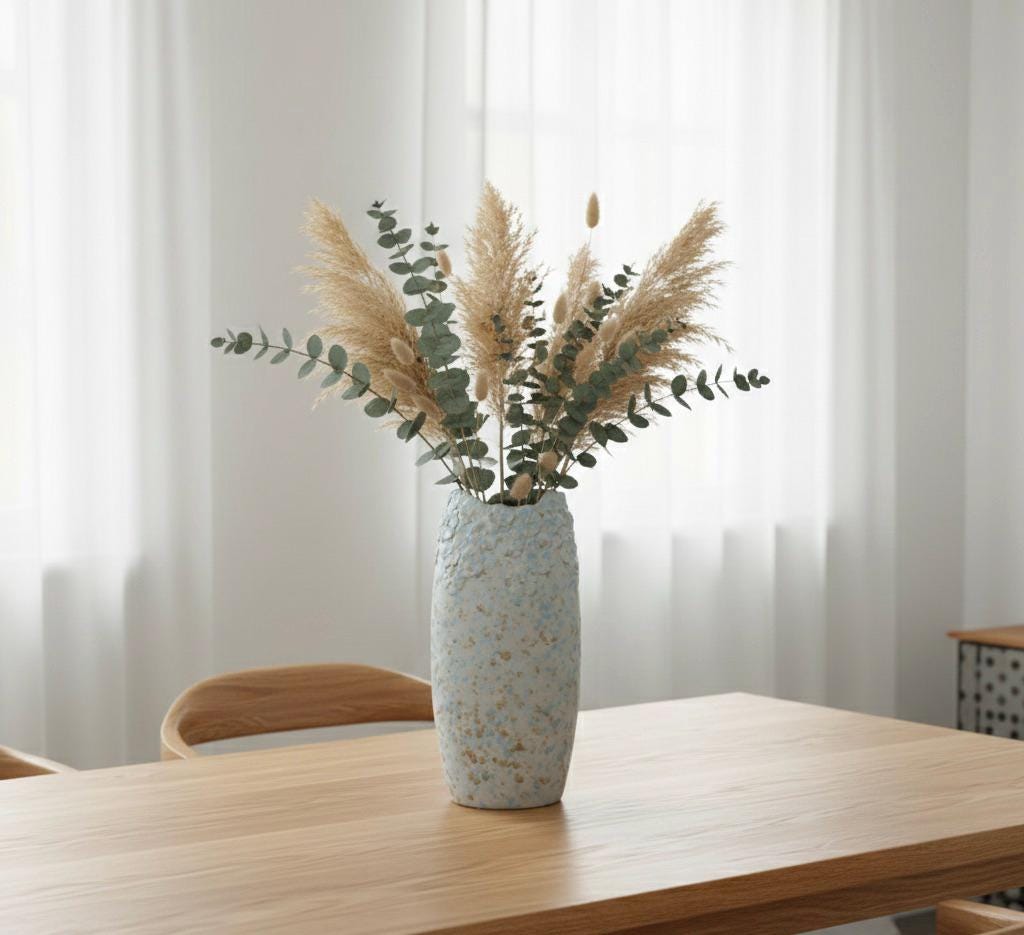 Handmade Ceramic Vase Blue Grey Speckled - Organic Wavy Rim Flower Vase - Modern Boho Home Decor - Artisan Pottery Vase 24cm