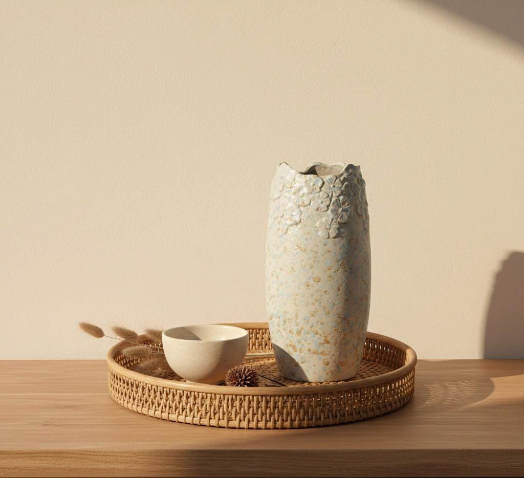 Handmade Ceramic Vase Blue Grey Speckled - Organic Wavy Rim Flower Vase - Modern Boho Home Decor - Artisan Pottery Vase 24cm