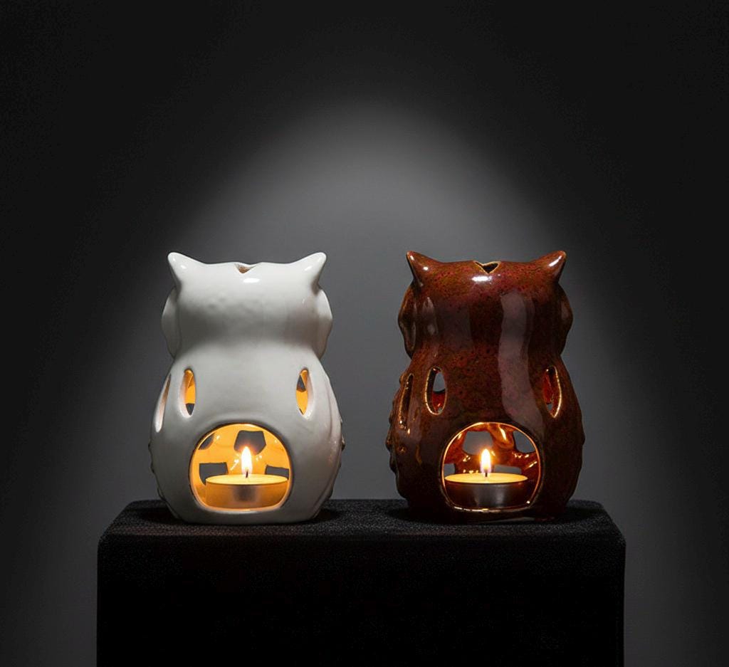 Artisan Ceramic Owl Tea Light Holders Duo