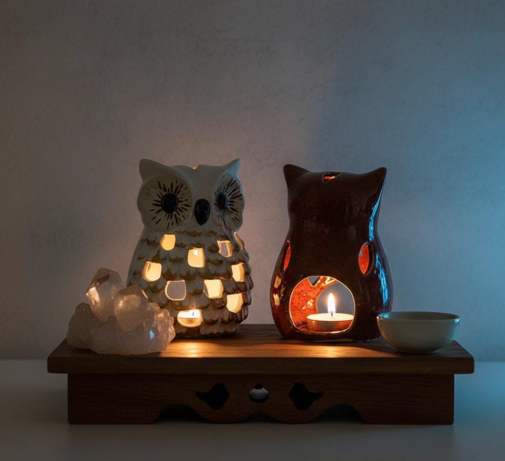 Artisan Ceramic Owl Tea Light Holders Duo