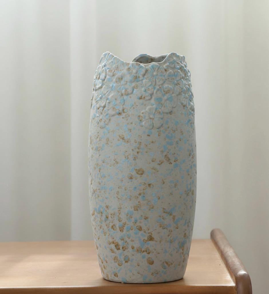 Handmade Ceramic Vase Blue Grey Speckled - Organic Wavy Rim Flower Vase - Modern Boho Home Decor - Artisan Pottery Vase 24cm